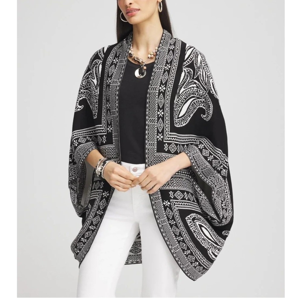 Chico's Women Black White Paisley Ruana Poncho Wrap S/M Boho Knit Lightweight